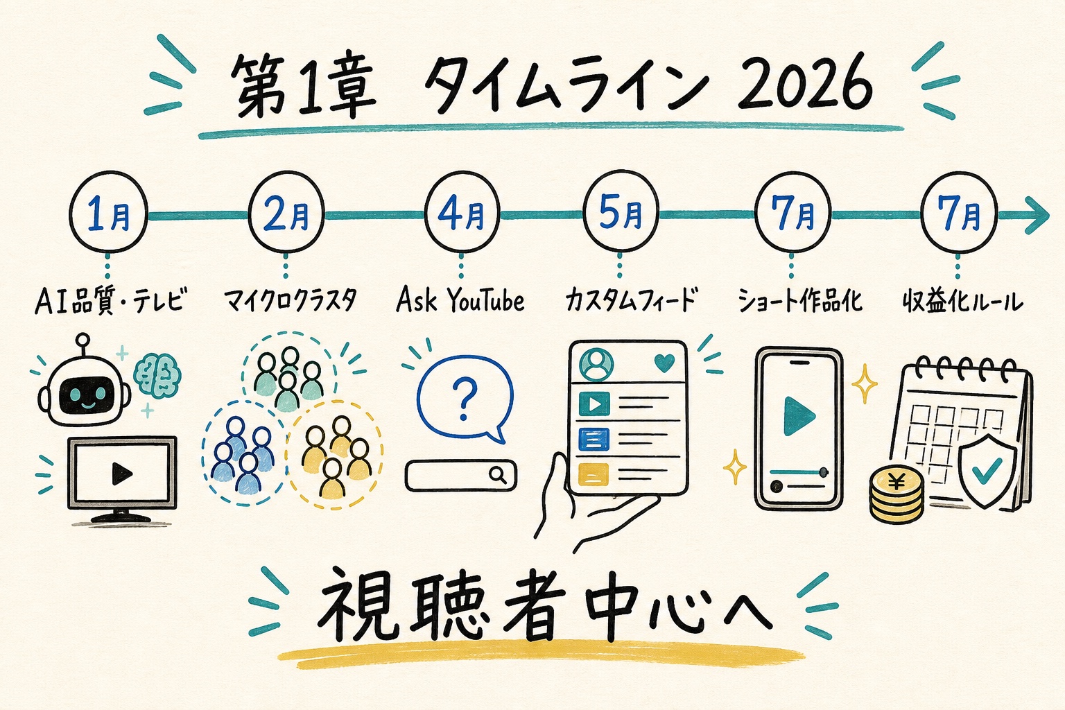 2026年のYouTube主要変化を月順に示す手書きタイムライン