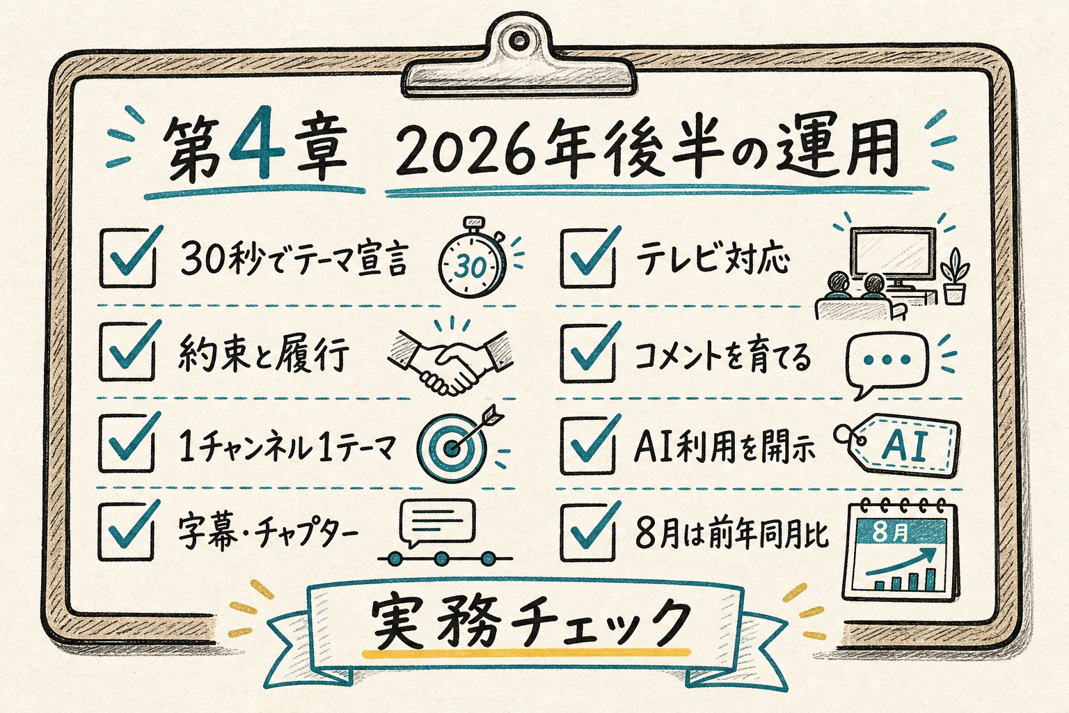 30秒のテーマ宣言、約束と履行、テーマ統一、字幕、テレビ対応など、2026年後半の運用項目をまとめた手書きチェックリスト