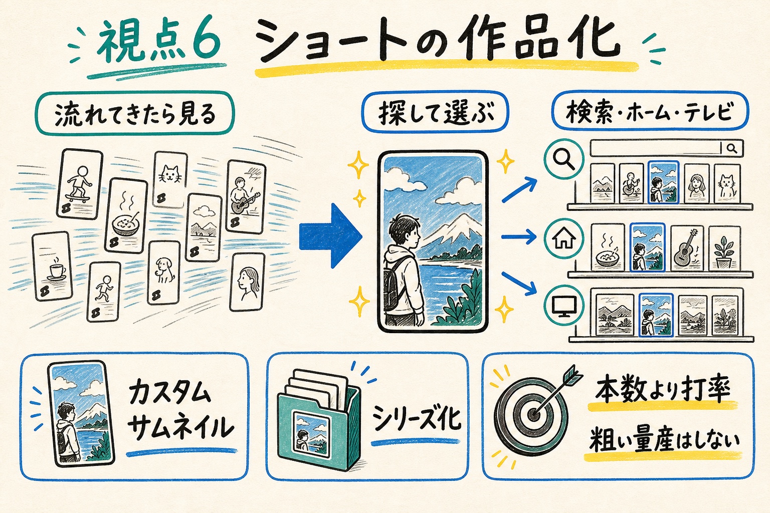ショートが流れ見されるものから、検索・ホーム・テレビで探して選ぶ作品へ変わる流れを示す手書き図解