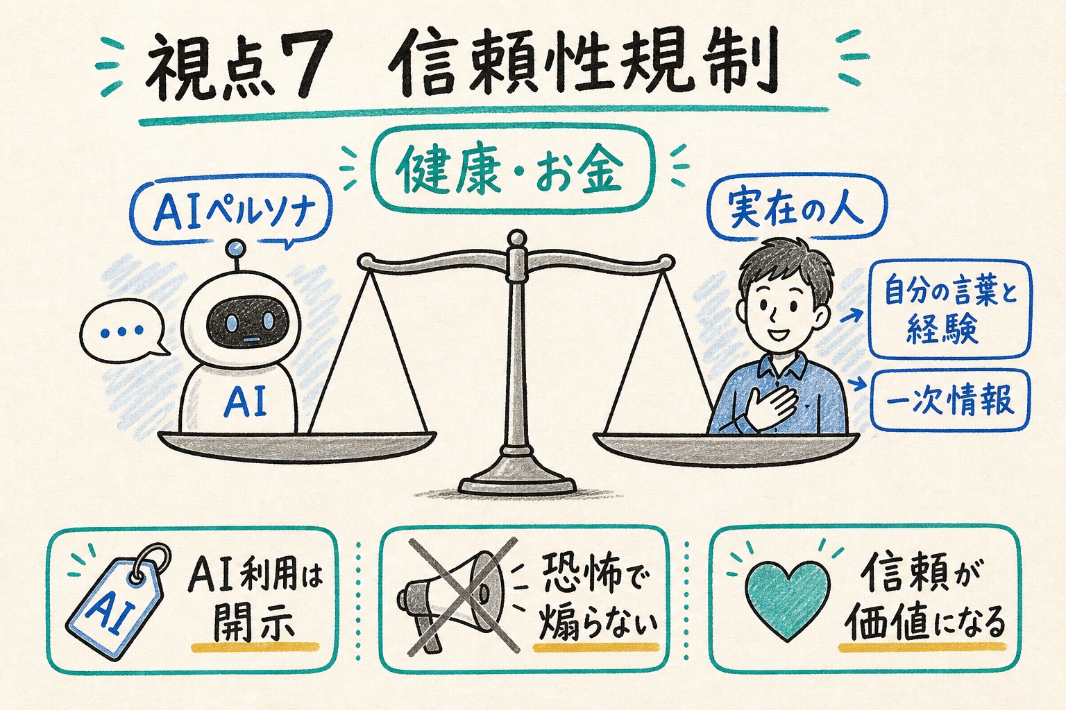 健康・お金を語るAIペルソナと、自分の言葉・経験・一次情報を語る実在の人を対比した手書き図解